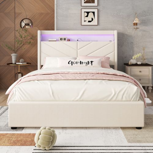 Lit Coffre Adulte 140x190 Cm Tissu Lin Avec LED, Rangement, USB, Beige