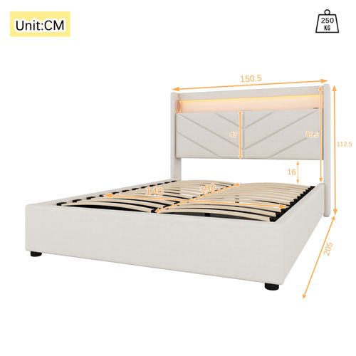 Lit Coffre Adulte 140x190 Cm Tissu Lin Avec LED, Rangement, USB, Beige