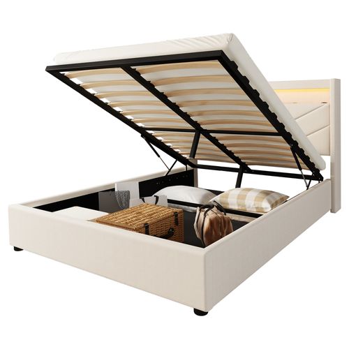 Lit Coffre Adulte 140x190 Cm Tissu Lin Avec LED, Rangement, USB, Beige