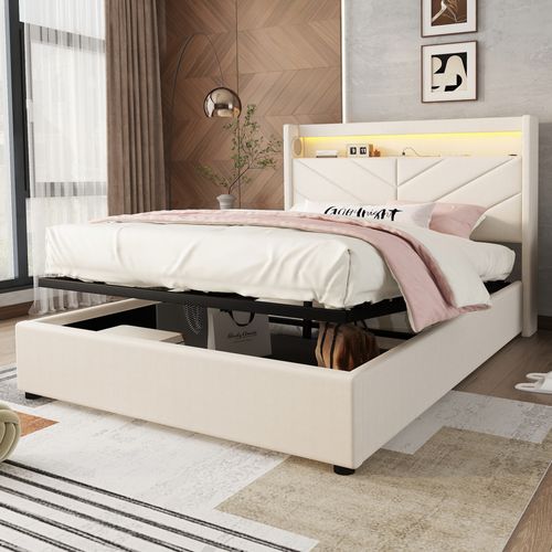 Lit Coffre Adulte 140x190 Cm Tissu Lin Avec LED, Rangement, USB, Beige