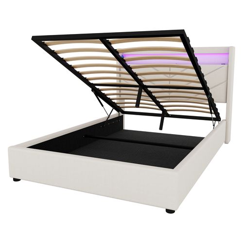 Lit Coffre Adulte 140x190 Cm Tissu Lin Avec LED, Rangement, USB, Beige