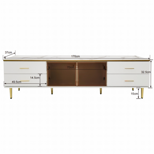 Meuble TV 170x37x47,5cm Avec Éclairage LED, 4 Tiroirs, 2 Portes Vitrées, mdf+placage marbre, Blanc