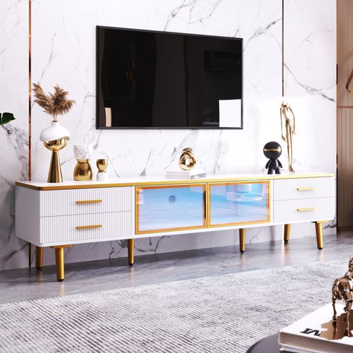 Meuble TV 170x37x47,5cm Avec Éclairage LED, 4 Tiroirs, 2 Portes Vitrées, mdf+placage marbre, Blanc