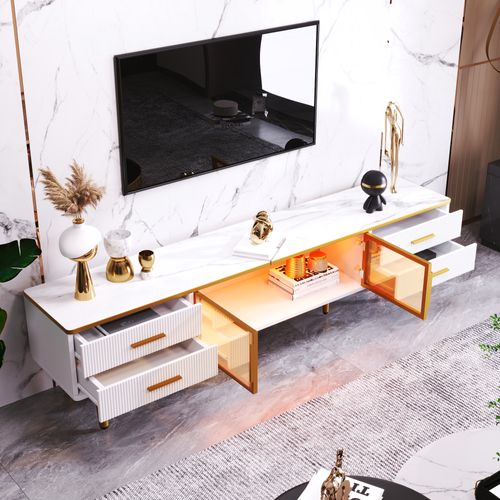 Meuble TV 170x37x47,5cm Avec Éclairage LED, 4 Tiroirs, 2 Portes Vitrées, mdf+placage marbre, Blanc