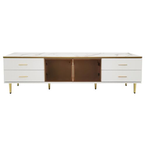 Meuble TV 170x37x47,5cm Avec Éclairage LED, 4 Tiroirs, 2 Portes Vitrées, mdf+placage marbre, Blanc