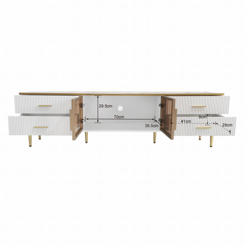 Meuble TV 170x37x47,5cm Avec Éclairage LED, 4 Tiroirs, 2 Portes Vitrées, mdf+placage marbre, Blanc