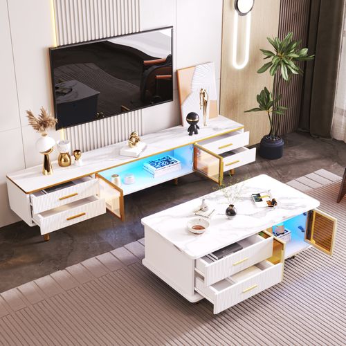 Meuble TV 170x37x47,5cm Avec Éclairage LED, 4 Tiroirs, 2 Portes Vitrées, mdf+placage marbre, Blanc