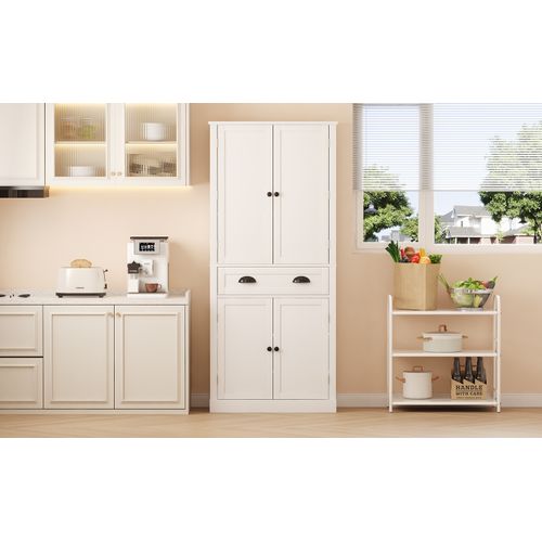 Buffet 80x40x182cm, 4 Portes, 1 Tiroir, 4 Étagères Réglables, Mdf, Blanc