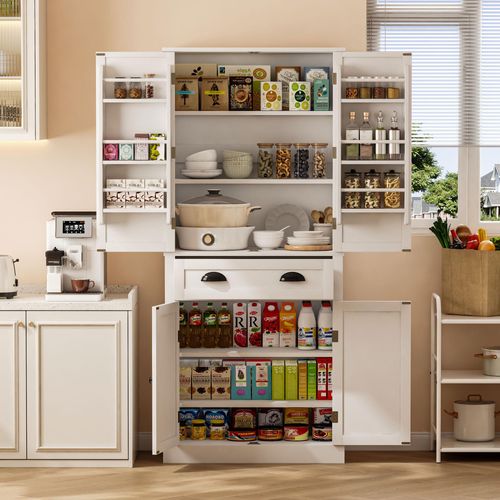 Buffet 80x40x182cm, 4 Portes, 1 Tiroir, 4 Étagères Réglables, Mdf, Blanc