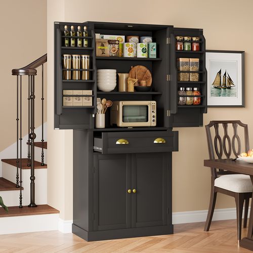 Buffet Haut 80x40x182 Cm, 4 Portes, 1 Tiroir, 4 Étagères Réglables, Mdf, Noir