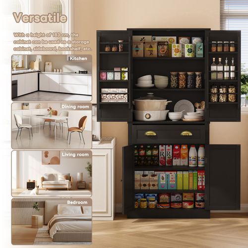 Buffet Haut 80x40x182 Cm, 4 Portes, 1 Tiroir, 4 Étagères Réglables, Mdf, Noir