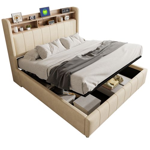 Lit Double Hydraulique Rembourré Pour Adulte 160 X 200 Cm, Avec Éclairage LED Et Prise USB, Beige
