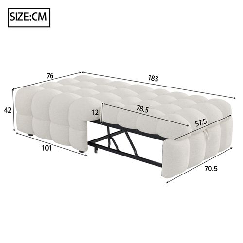 Lit Pliant Simple Rembourré 183x76x42cm, Repose-pieds 2 En 1, Canapé-lit, Tissu Teddy, Beige