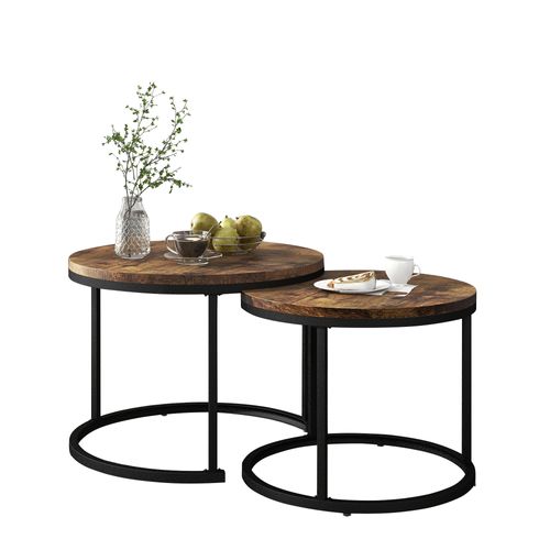 Ensemble De 2 Tables Basses Rondes De Salon, Table D'appoint Ronde Gigogne, 70.5x70.5x50 Cm, Marron