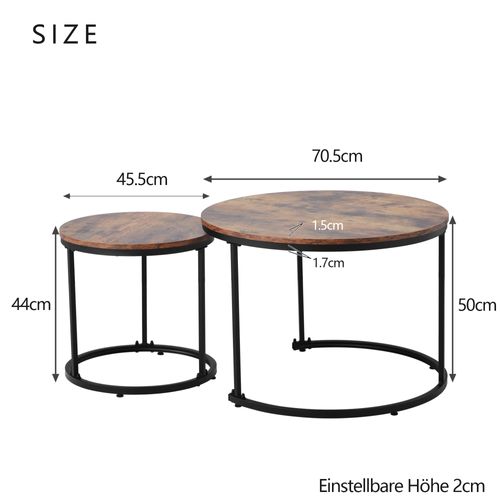 Ensemble De 2 Tables Basses Rondes De Salon, Table D'appoint Ronde Gigogne, 70.5x70.5x50 Cm, Marron