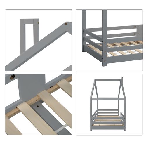 Lit Cabane 90x200 Cm, lit Enfant Avec Sommier à Lattes, Cadre De Lit En Pin, Gris
