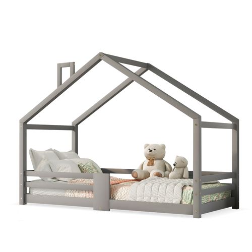 Lit Cabane 90x200 Cm, lit Enfant Avec Sommier à Lattes, Cadre De Lit En Pin, Gris