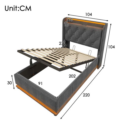 Lit Coffre Enfant Avec Tête De Lit Rembourrée, Avec LED, USB Et Type-c, 90x200, En Lin Gris