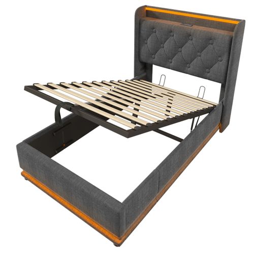 Lit Coffre Enfant Avec Tête De Lit Rembourrée, Avec LED, USB Et Type-c, 90x200, En Lin Gris
