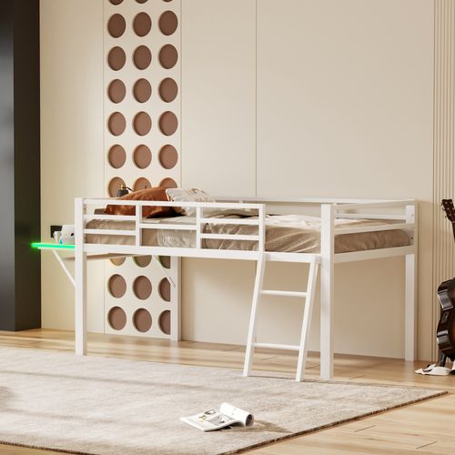 Lit Mezzanine Enfant 90x200 Cm En Métal Avec Bureau, LED, Barrière Et Échelle – Blanc