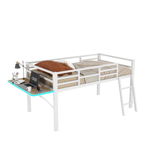 Lit Mezzanine Enfant 90x200 Cm En Métal Avec Bureau, LED, Barrière Et Échelle – Blanc