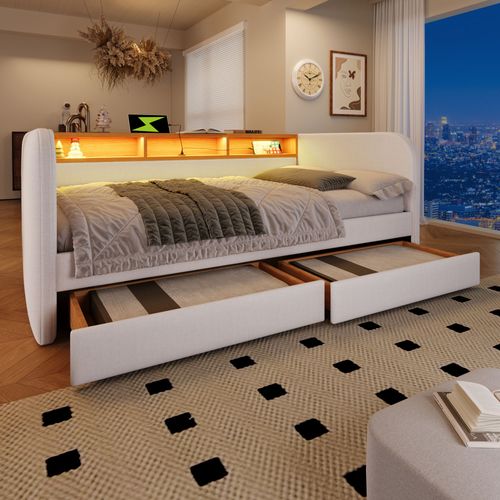 Lit 140x190 Cm Avec LED, Ports USB-c, 2 Tiroirs, Tête De Lit Avec Rangement, Beige