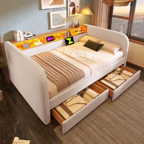 Lit 140x190 Cm Avec LED, Ports USB-c, 2 Tiroirs, Tête De Lit Avec Rangement, Beige