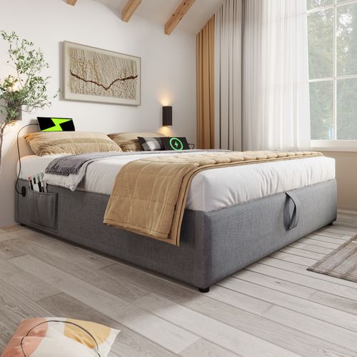 Lit Coffre Adulte 160x200 Cm Avec Port USB-c, Sommier Bois, Tissu Gris