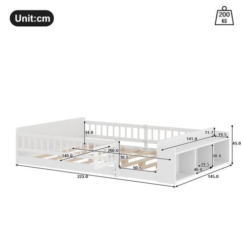 Lit Enfant 140x200 Cm En Bois De Pin, Avec Rangements Ouverts Et Barrière Ouvrable, Blanc