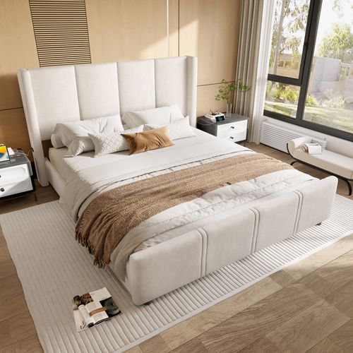 Lit Adulte 140×200 Cm Avec Tête Et Pied De Lit Hauts, USB Intégré, Cadre Métal/bois, Velours Beige