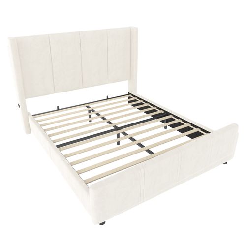 Lit Adulte 140×200 Cm Avec Tête Et Pied De Lit Hauts, USB Intégré, Cadre Métal/bois, Velours Beige