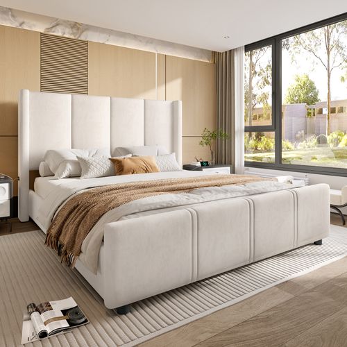 Lit Adulte 140×200 Cm Avec Tête Et Pied De Lit Hauts, USB Intégré, Cadre Métal/bois, Velours Beige