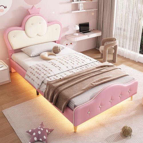 Lit Enfant 90x200 Cm Avec LED, Tête De Lit Couronne, Rembourré Pu Rose Et Blanc, Design Princesse