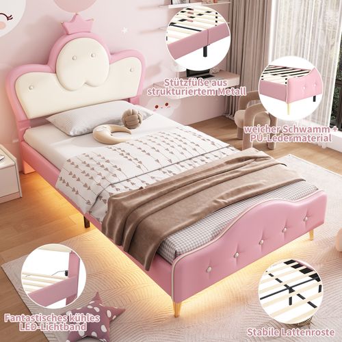 Lit Enfant 90x200 Cm Avec LED, Tête De Lit Couronne, Rembourré Pu Rose Et Blanc, Design Princesse