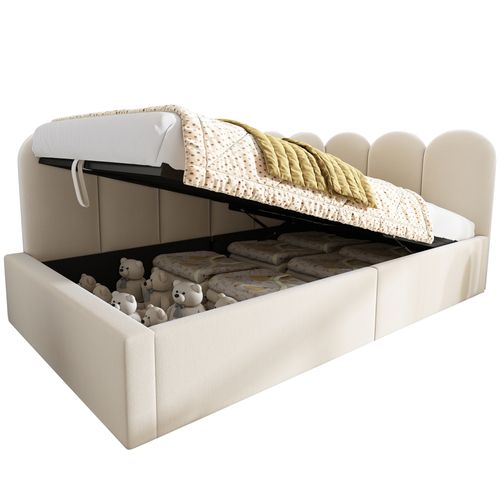 Lit Banquette 90x190 Cm Beige, Velours, Rangement Hydraulique, Style Enfant, Sommier Métal