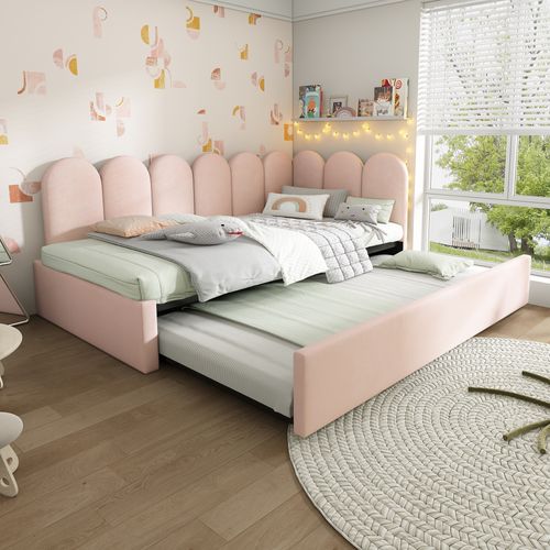 Lit Enfant Gigogne 90x200 Cm Rose En Velours, Sommier Inclus