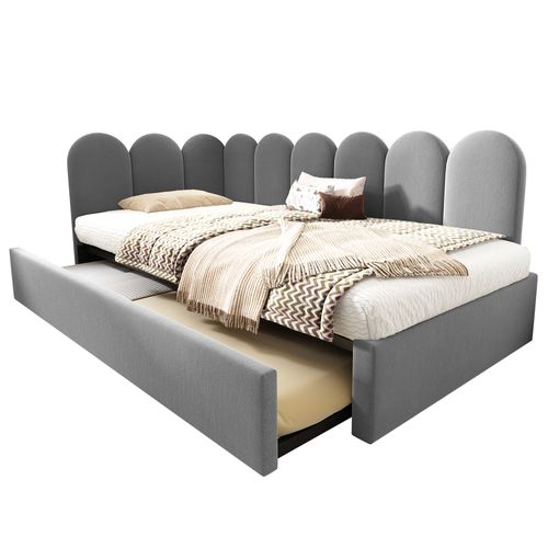 Lit Enfant Gigogne 90x200 Cm Gris En Velours, Sommier Inclus