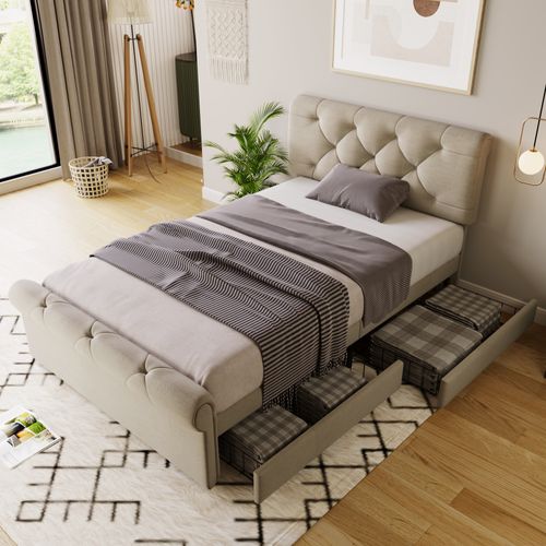 Lit Enfant 90x200 Cm Avec 2 Tiroirs De Rangement, Tête Réglable, Tissu Lin