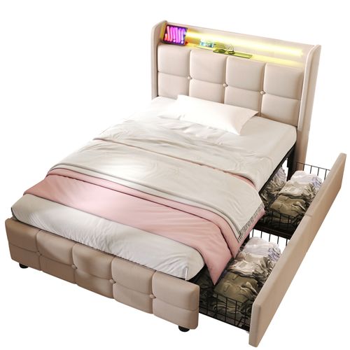Lit Enfant 90x200 Cm Avec Ports USB Et Prises, LED, 2 Tiroirs, Tête De Lit Avec Étagère, Beige