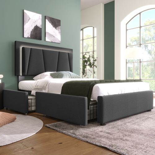 Lit Enfant 90x200 Cm Gris En Tissu Lin Avec LED, 2 Tiroirs De Rangement, Tête Réglable