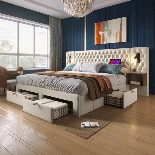 Lit 160x200 Cm Velours Beige Avec 2 Chevets, 4 Tiroirs, Liseuses LED Et Ports USB – Style Vintage