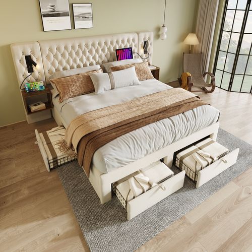 Lit 160x200 Cm Velours Beige Avec 2 Chevets, 4 Tiroirs, Liseuses LED Et Ports USB – Style Vintage