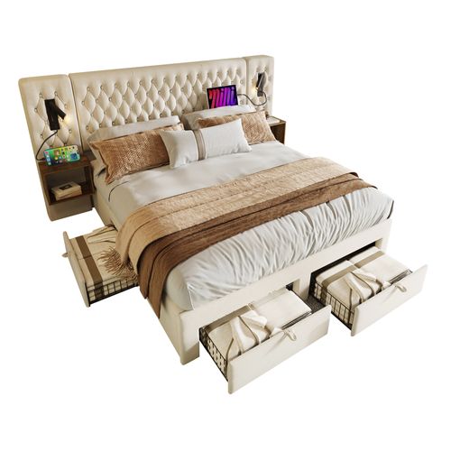 Lit 160x200 Cm Velours Beige Avec 2 Chevets, 4 Tiroirs, Liseuses LED Et Ports USB – Style Vintage