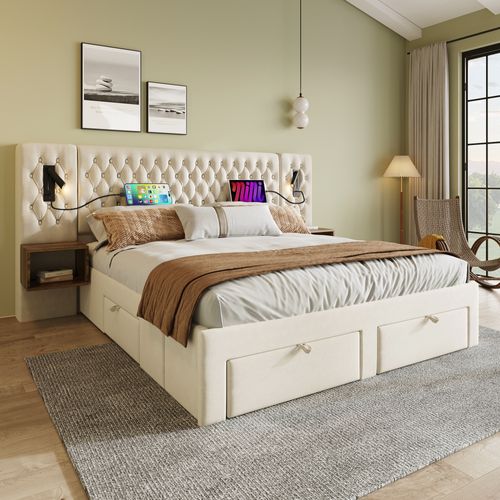 Lit 160x200 Cm Velours Beige Avec 2 Chevets, 4 Tiroirs, Liseuses LED Et Ports USB – Style Vintage