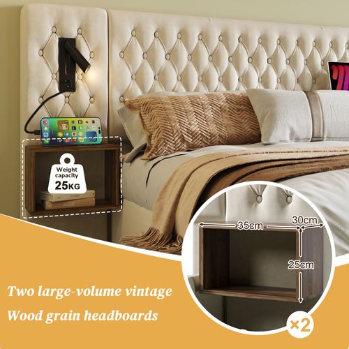 Lit 160x200 Cm Velours Beige Avec 2 Chevets, 4 Tiroirs, Liseuses LED Et Ports USB – Style Vintage