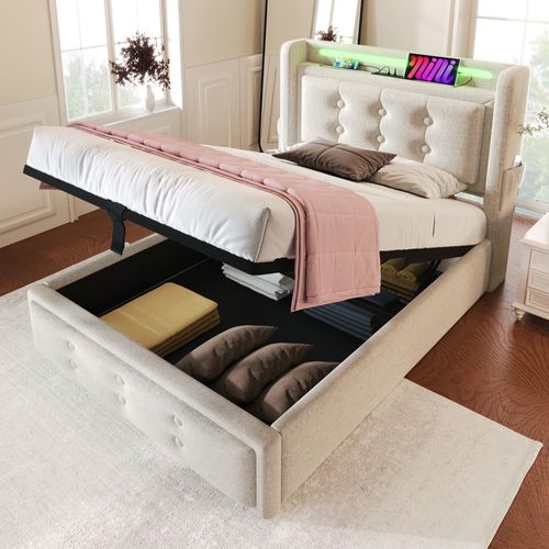 Lit Simple Enfant Matelassé Hydraulique 90 X 200 Cm, Tête De Lit LED, USB-c, Coton Et Lin, Beige