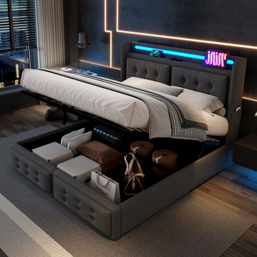 Lit Double Hydraulique Rembourré Pour Adulte 140x200cm, Tête De Lit LED, USB-c, Coton Et Lin, Gris