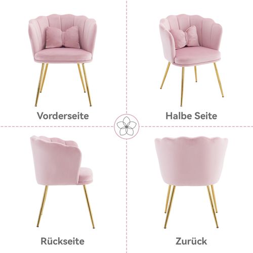 Fauteuil Moderne En Velours 63x58x77cm, Dossier Pétale, Pieds En Métal Doré, Rose