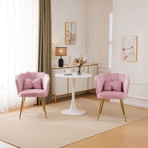 Fauteuil Moderne En Velours, Lot De 2 63x58x77cm, Dossier Pétale, Pieds En Métal Doré, Rose