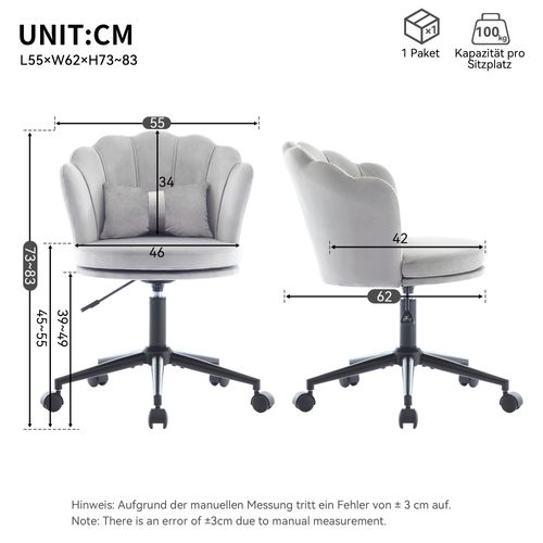 Fauteuil De Coiffeuse Moderne En Velours 55x62x73/83cm, Réglable En Hauteur, Pivotant à 360°, Gris